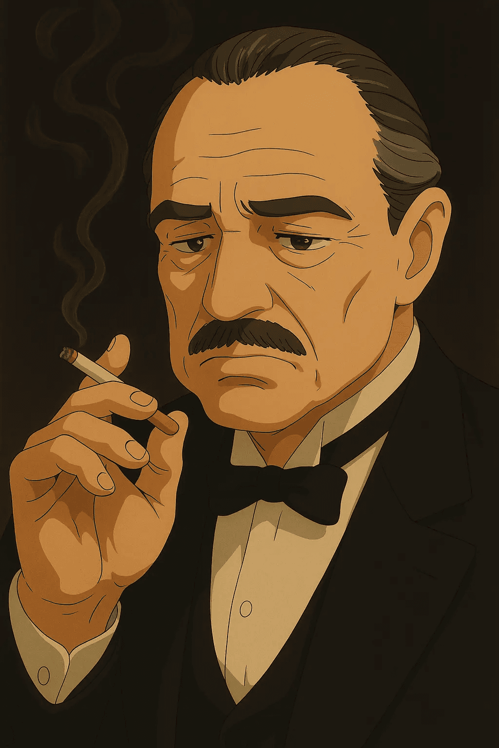 Ghibli Anime-style serious man in a tuxedo smoking, resembling The Godfather, representing power, respect, or mafia-style seriousness. - Ghibli-styled meme