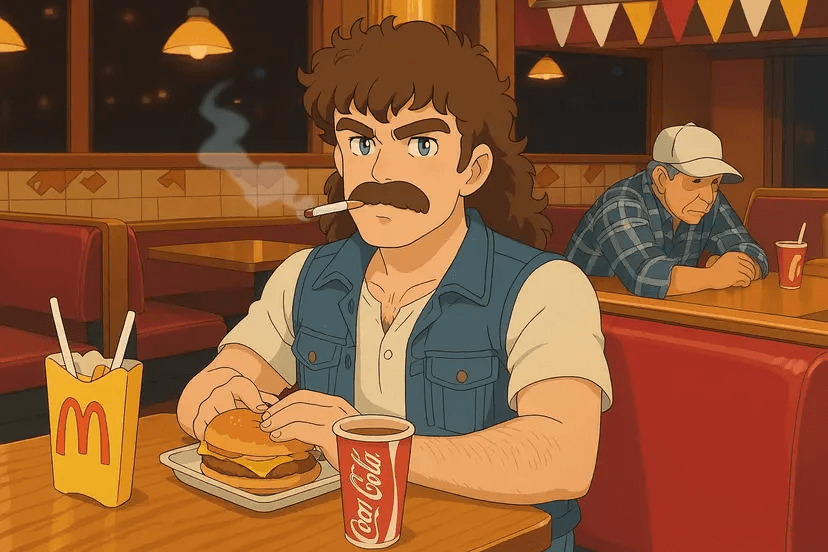 Ghibli Anime-style man eating alone at McDonald's, referencing a meme used to depict loneliness, quiet reflection, or introverted contentment. - Ghibli-styled meme