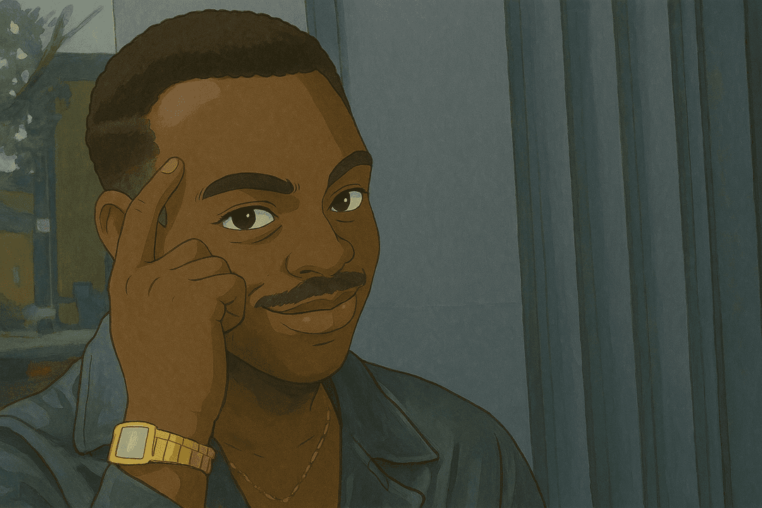 Ghibli Anime-style man pointing at his temple, used in memes to imply clever (often ironically flawed) reasoning or logic - Ghibli-styled meme