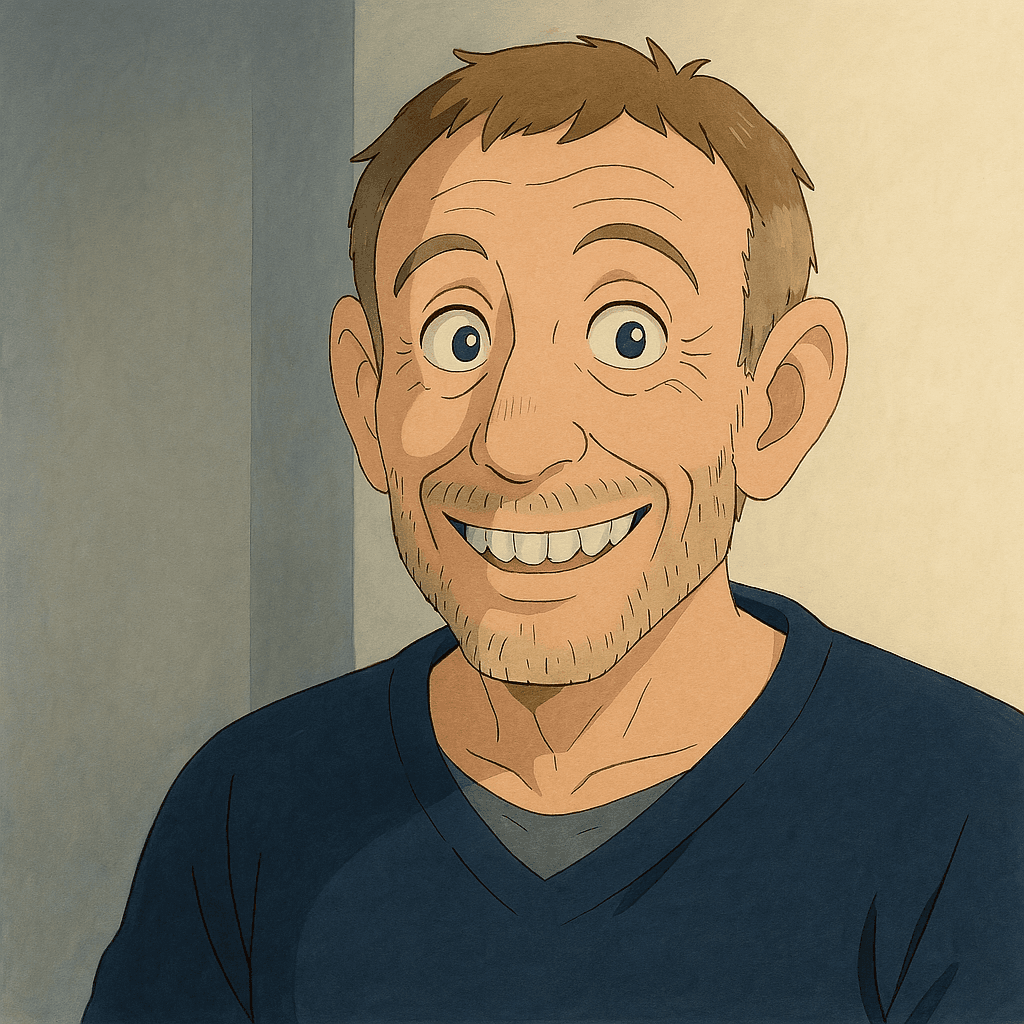 Ghibli Anime-style man with an overly excited smile, used in memes to express forced happiness or unstable enthusiasm. - Ghibli-styled meme