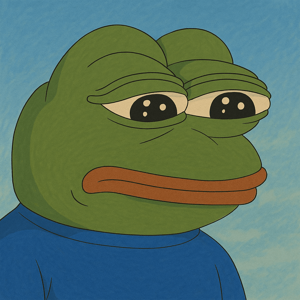 Ghibli Anime-style version of Pepe the Frog with a sad expression, a widely used meme to express melancholy, disappointment, or existential dread. - Ghibli-styled meme