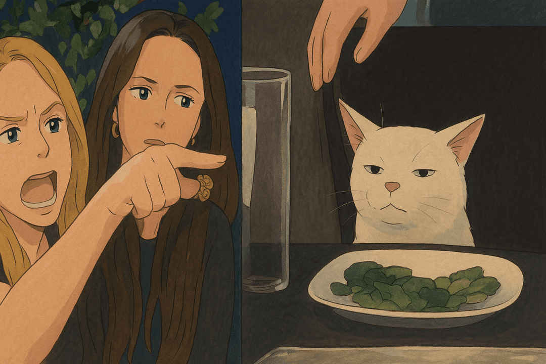 Ghibli Anime-style woman angrily yelling at a confused white cat at the dinner table, symbolizing heated arguments and complete misunderstanding. - Ghibli-styled meme