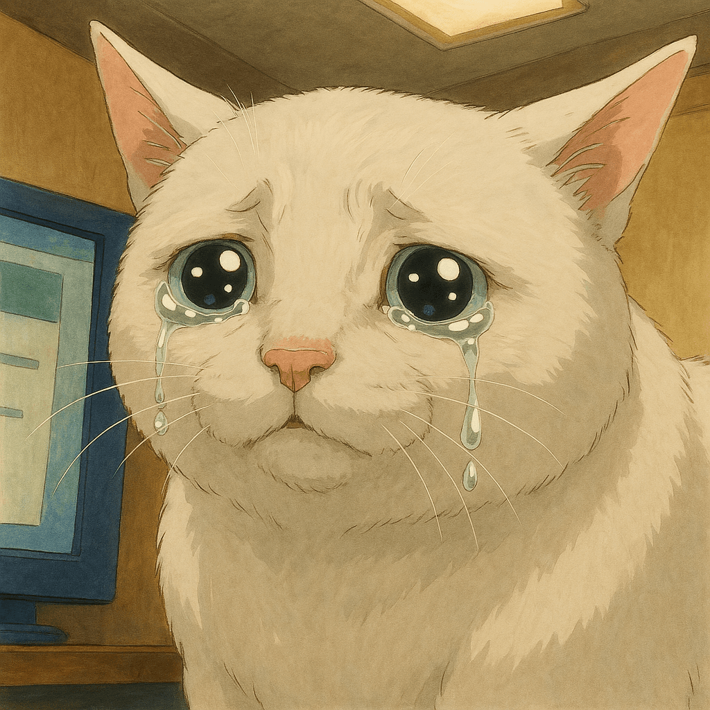 Ghibli Anime-style crying cat with big teary eyes, used in memes to humorously exaggerate sadness or emotional pain. - Ghibli-styled meme