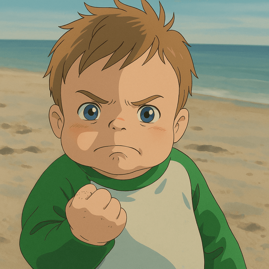 Ghibli Anime-style determined baby clenching a fist, symbolizing personal success, small wins, or triumphant moments. - Ghibli-styled meme