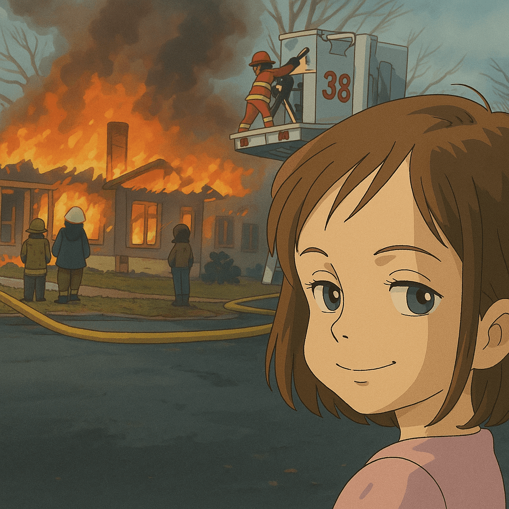Ghibli Anime-style girl smirking in front of a burning house, representing calmness amidst chaos, or dark, ironic satisfaction. - Ghibli-styled meme