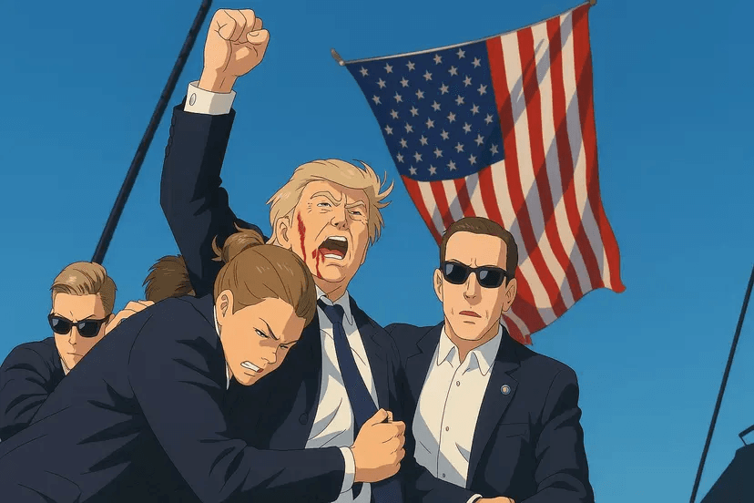 Ghibli Anime-style depiction of Donald Trump being tackled by bodyguards, based on a real-life incident turned meme symbolizing sudden chaos or danger. - Ghibli-styled meme