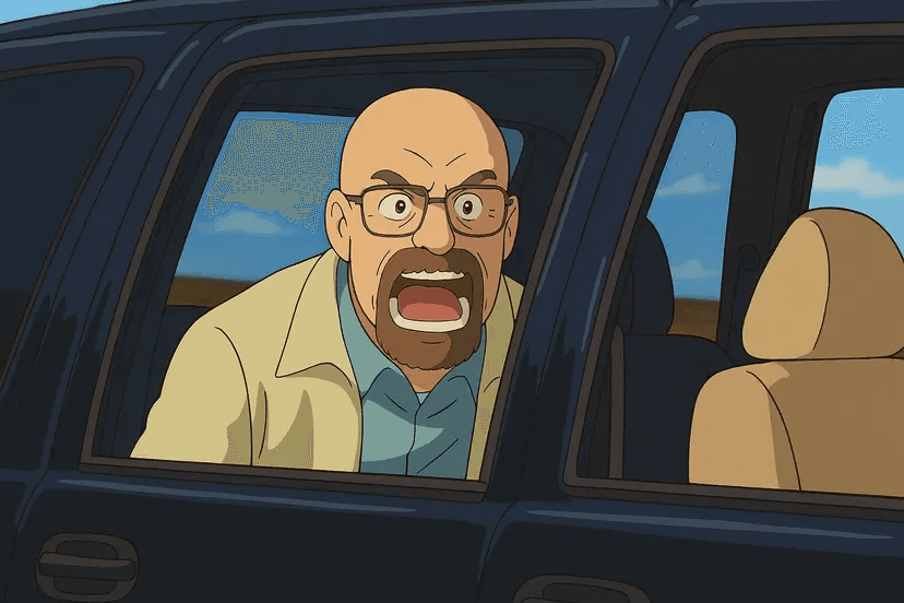 Ghibli Anime-style bald man yelling angrily out of a car window, commonly used to depict extreme frustration, overreaction, or shouting into the void. - Ghibli-styled meme