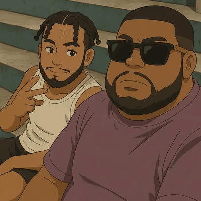 Ghibli Anime-style depiction of two guys sitting and posing with peace signs, referencing memes about chill vibes, loyalty, or subtle flexing. - Ghibli-styled meme