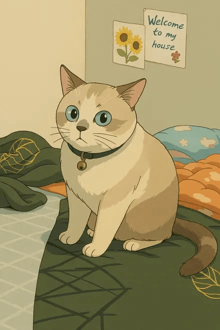 Ghibli Anime-style cat sitting calmly on a bed next to a 'Welcome to my house' sign, referencing cozy or ironically inviting meme formats. - Ghibli-styled meme