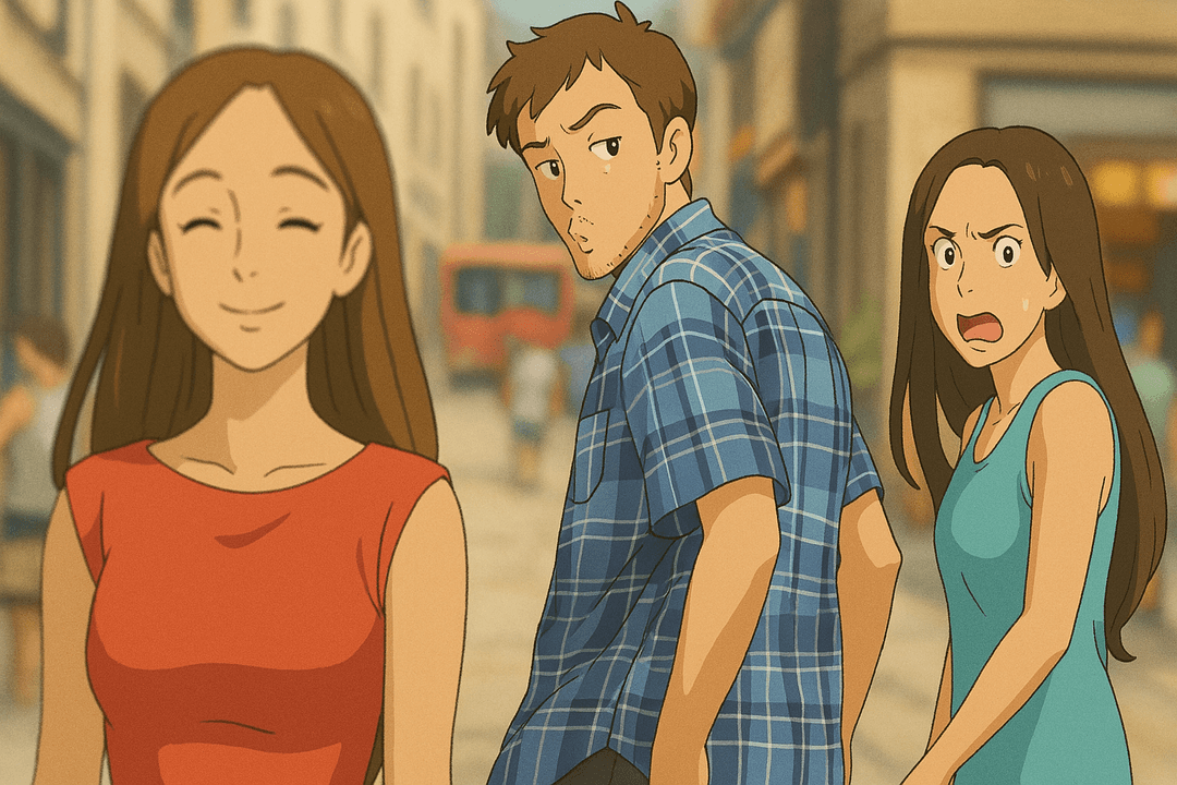 Ghibli Anime-style guy checking out another girl while holding his upset girlfriend's hand, used to illustrate conflicting desires or shifting attention. - Ghibli-styled meme